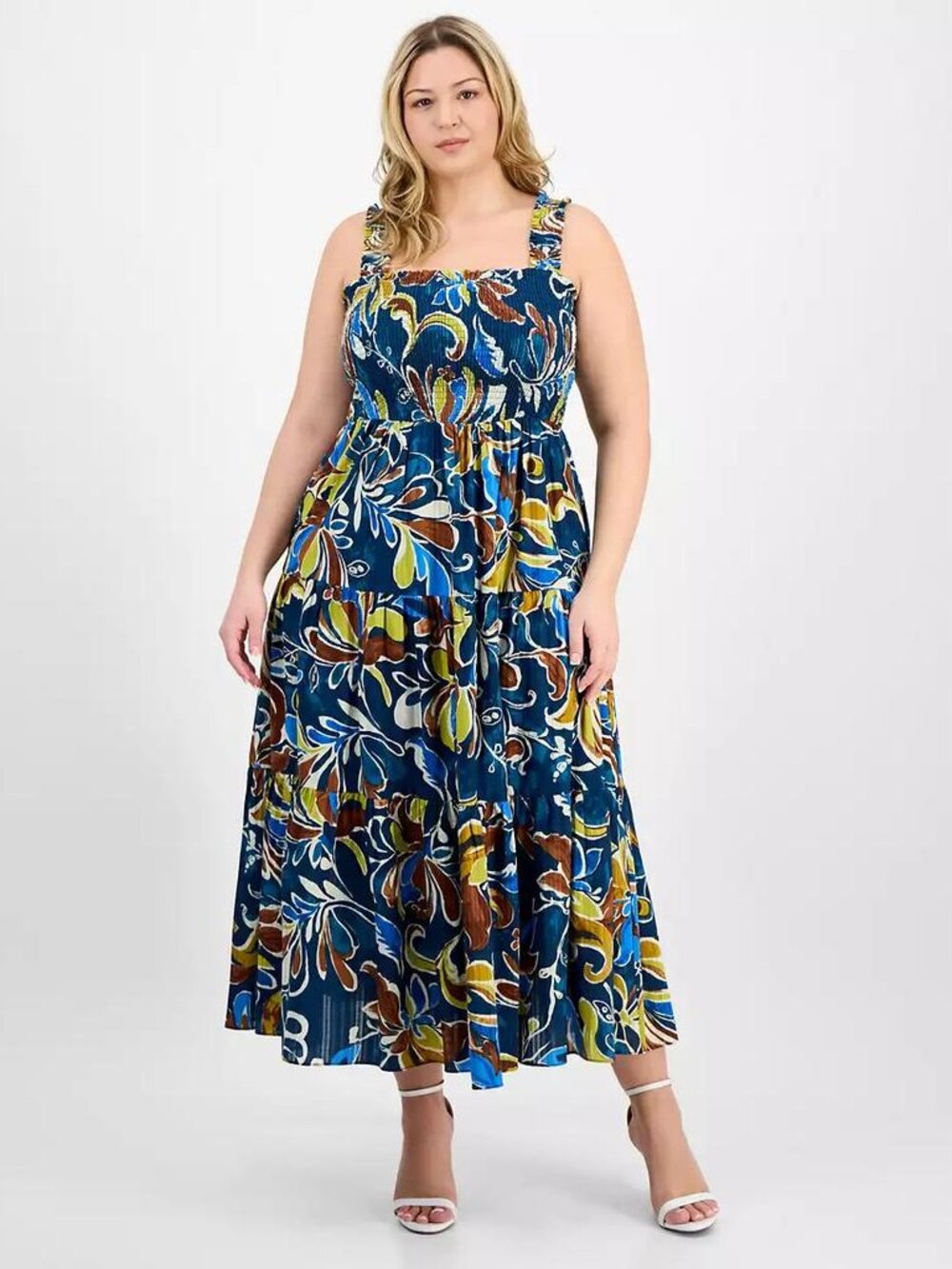 Anne Klein Women’s Printed Smocked Cotton Sleeveless Maxi Dress Plus Size 2X